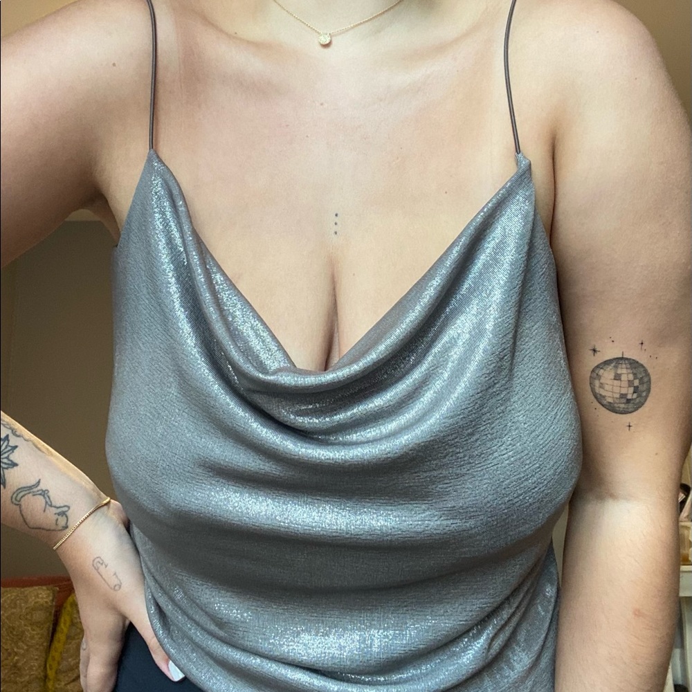 Lightly sparkly silver cowl neck tank